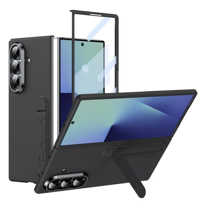 Für Samsung Galaxy Z Fold7 5G Handyhülle mit Ständer PC-Abdeckung mit gehärtetem Glas-Displayschutz - Schwarz