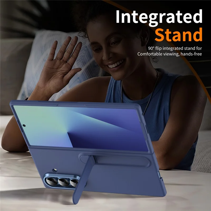 For Samsung Galaxy Z Fold7 5G Phone Case Kickstand PC Cover with Tempered Glass Screen Protector - Navy Blue