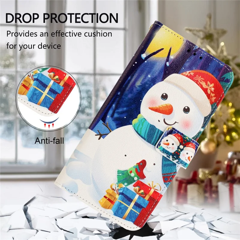 For iPhone 17 Wallet Case Christmas Pattern Printing Leather Phone Cover with Lanyard - Gift Box Snowman