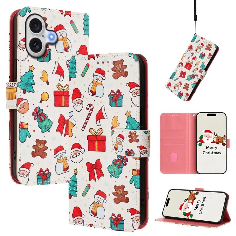 For iPhone 17 Wallet Case Christmas Pattern Printing Leather Phone Cover with Lanyard - Christmas Elements
