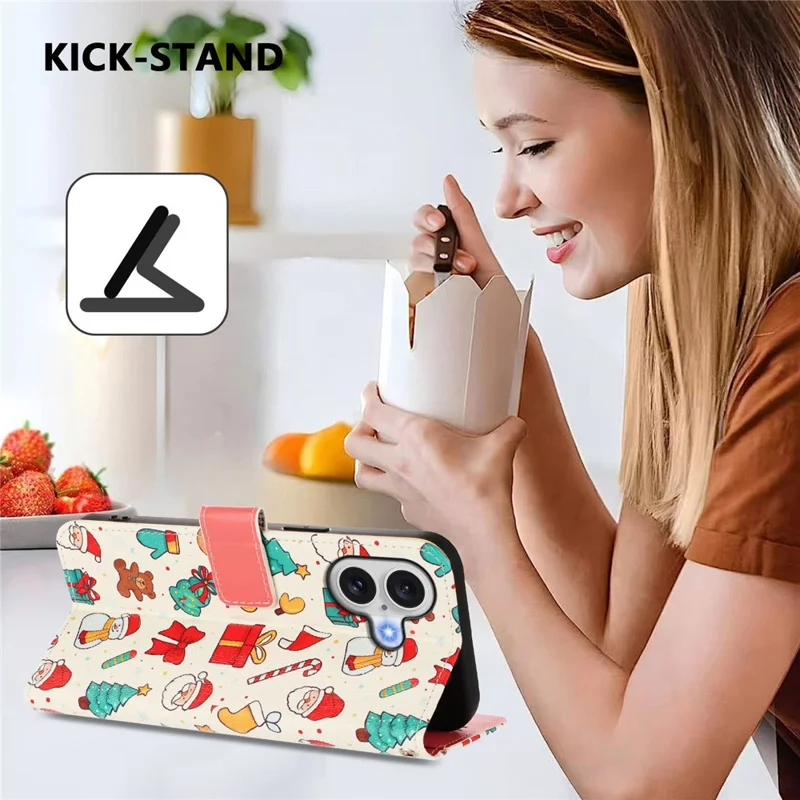 For iPhone 17 Wallet Case Christmas Pattern Printing Leather Phone Cover with Lanyard - Christmas Elements