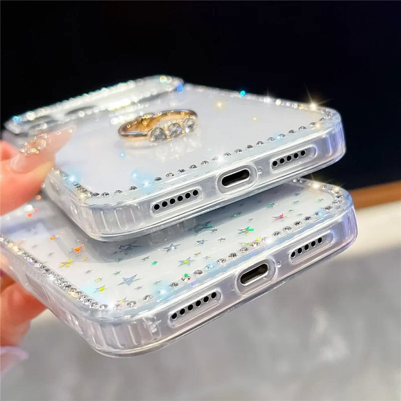 For iPhone 18 Pro Max / 17 Pro Max Case with Ring Kickstand Rhinestone Edge TPU + PC IMD Phone Cover - Glitter White