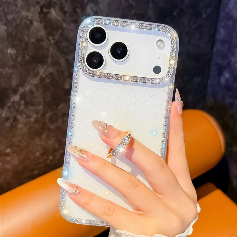 For iPhone 18 Pro Max / 17 Pro Max Case with Ring Kickstand Rhinestone Edge TPU + PC IMD Phone Cover - Glitter White