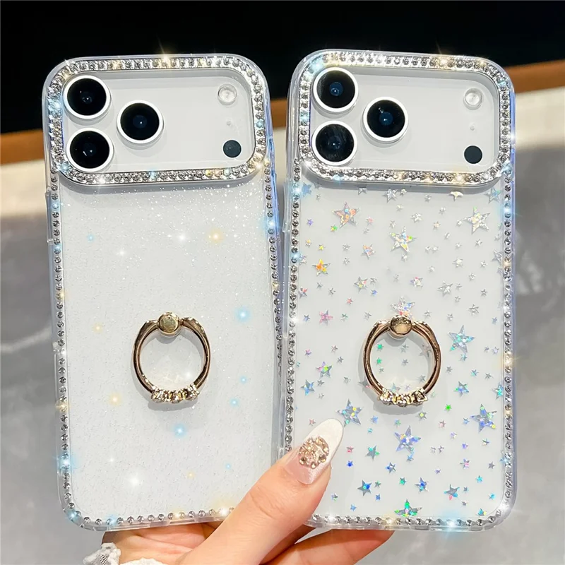 For iPhone 18 Pro Max / 17 Pro Max Case with Ring Kickstand Rhinestone Edge TPU + PC IMD Phone Cover - Glitter White