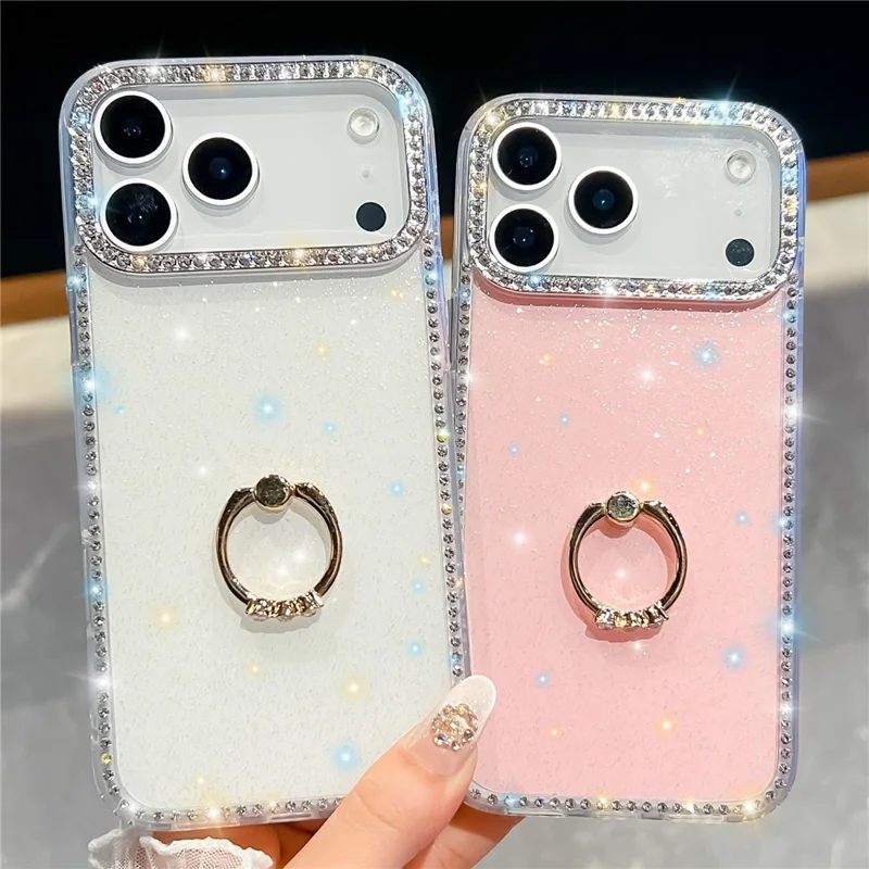 For iPhone 18 Pro Max / 17 Pro Max Case with Ring Kickstand Rhinestone Edge TPU + PC IMD Phone Cover - Glitter White