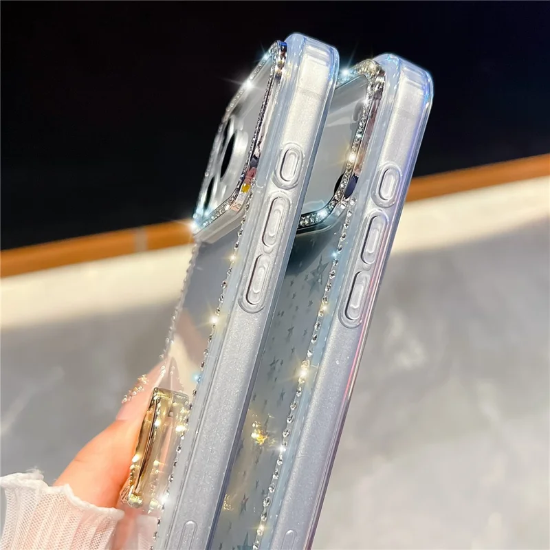 For iPhone 18 Pro Max / 17 Pro Max Case with Ring Kickstand Rhinestone Edge TPU + PC IMD Phone Cover - Glitter White