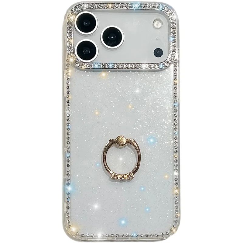 For iPhone 17 Pro Max Case with Ring Kickstand Rhinestone Edge TPU + PC IMD Phone Cover - Glitter Transparent