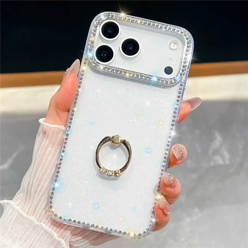 For iPhone 17 Pro Max Case with Ring Kickstand Rhinestone Edge TPU + PC IMD Phone Cover - Glitter Transparent