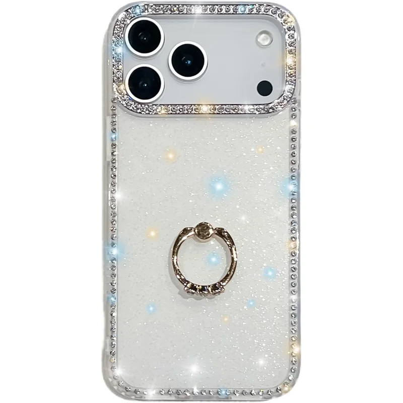 Custodia per iPhone 17 Pro con supporto ad anello, bordo con strass in TPU + PC IMD - Bianco glitterato