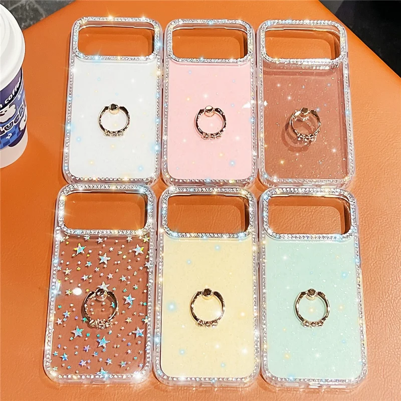 Custodia per iPhone 17 Pro con supporto ad anello, bordo con strass in TPU + PC IMD - Bianco glitterato