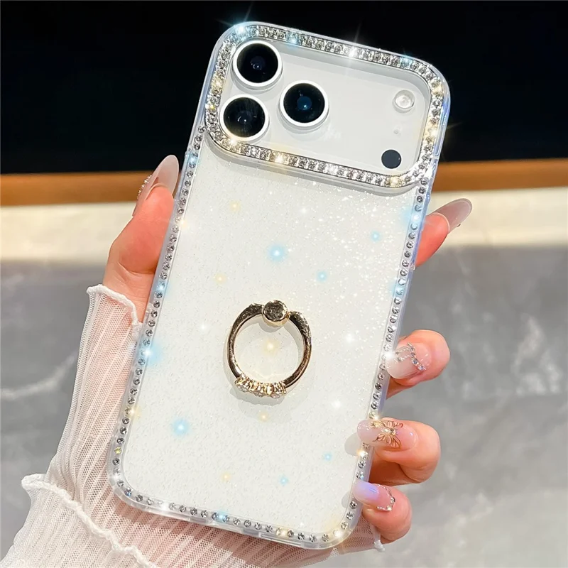 Custodia per iPhone 17 Pro con supporto ad anello, bordo con strass in TPU + PC IMD - Bianco glitterato