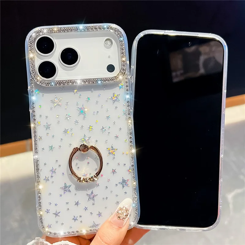 Custodia per iPhone 17 Pro con supporto ad anello, bordo con strass in TPU + PC IMD - Bianco glitterato