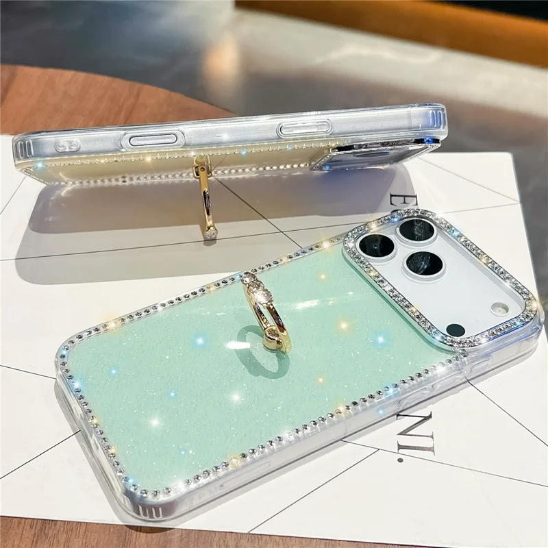 Custodia per iPhone 17 Pro con supporto ad anello, bordo con strass in TPU + PC IMD - Bianco glitterato