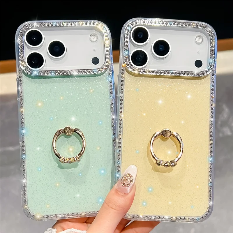 Custodia per iPhone 17 Pro con supporto ad anello, bordo con strass in TPU + PC IMD - Bianco glitterato