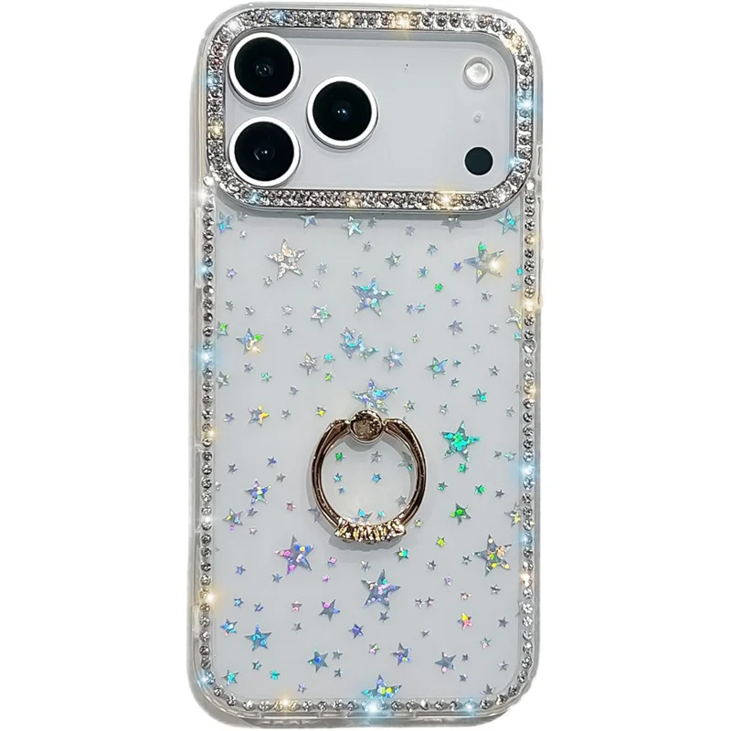 For iPhone 17 Pro Case with Ring Kickstand Rhinestone Edge TPU + PC IMD Phone Cover - Starry Transparent