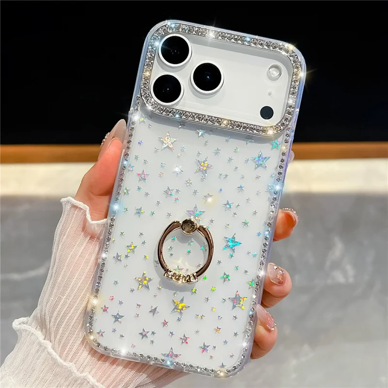 For iPhone 17 Pro Case with Ring Kickstand Rhinestone Edge TPU + PC IMD Phone Cover - Starry Transparent