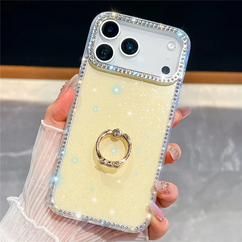 For iPhone 17 Pro Case with Ring Kickstand Rhinestone Edge TPU + PC IMD Phone Cover - Glitter Light Yellow