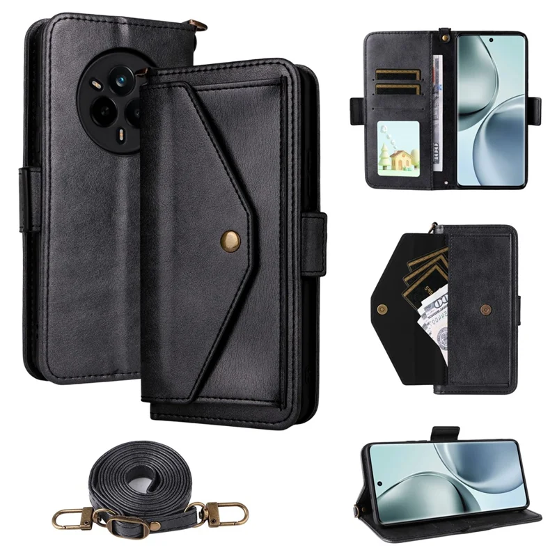 For Realme 14 Pro 5G  /  Narzo 80 Pro 5G Leather Case Magnetic Closure Wallet Stand Phone Cover with Crossbody Strap - Black
