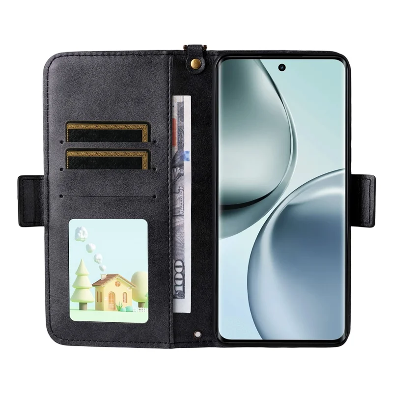 For Realme 14 Pro 5G  /  Narzo 80 Pro 5G Leather Case Magnetic Closure Wallet Stand Phone Cover with Crossbody Strap - Black