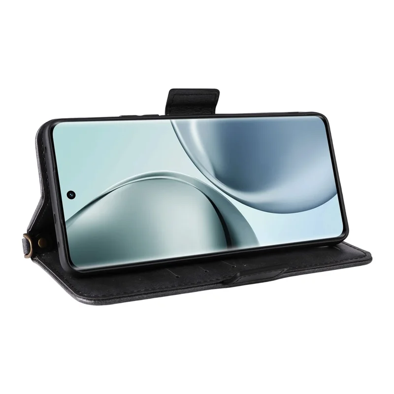 For Realme 14 Pro 5G  /  Narzo 80 Pro 5G Leather Case Magnetic Closure Wallet Stand Phone Cover with Crossbody Strap - Black