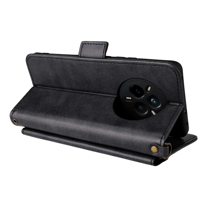 For Realme 14 Pro 5G  /  Narzo 80 Pro 5G Leather Case Magnetic Closure Wallet Stand Phone Cover with Crossbody Strap - Black
