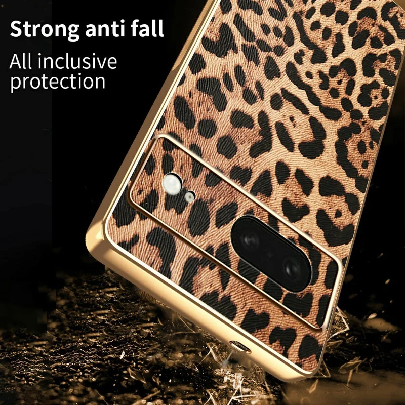 For Google Pixel 8 Case Leopard Print PU Leather Coated PC + TPU Electroplating Phone Cover