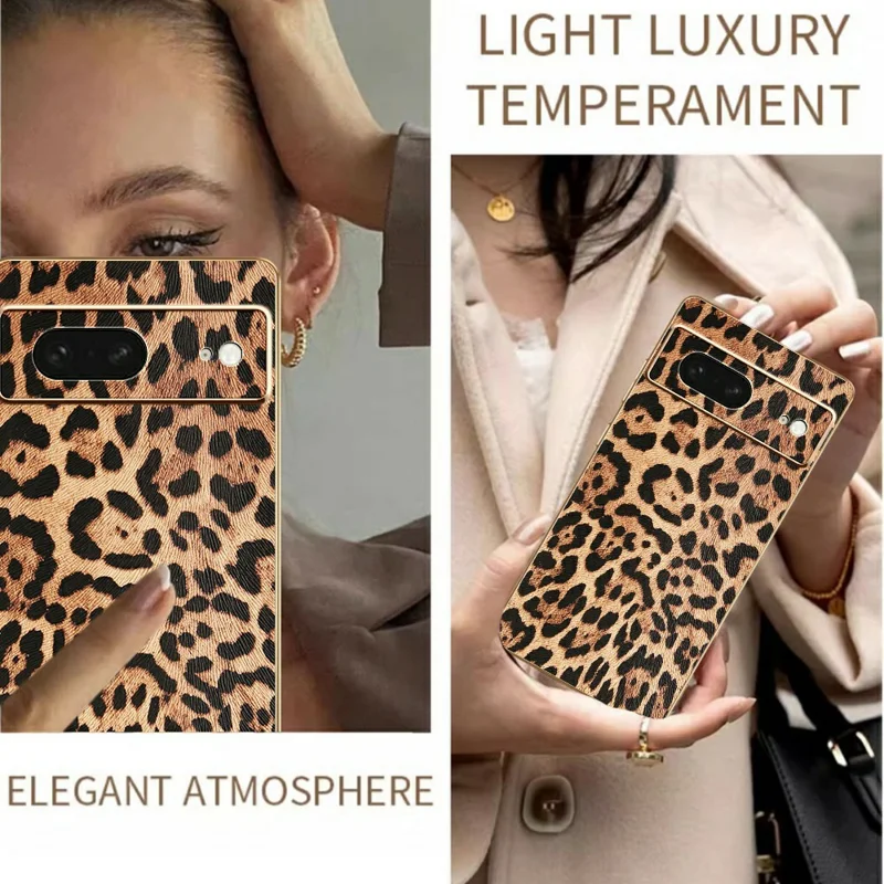 For Google Pixel 8 Case Leopard Print PU Leather Coated PC + TPU Electroplating Phone Cover
