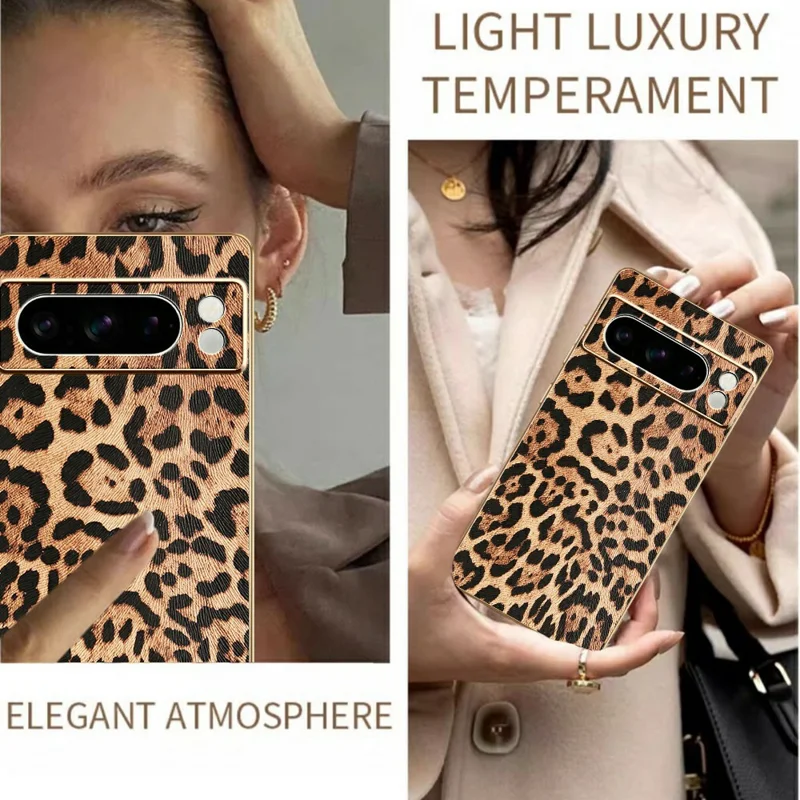 For Google Pixel 8 Pro Case Leopard Print PU Leather Coated PC + TPU Electroplating Phone Cover
