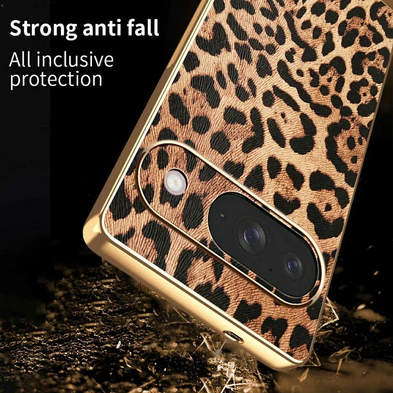 Funda para Google Pixel 9 con Estampado de Leopardo, Cuero PU Revestido, TPU + PC Carcasa Electrodepositada