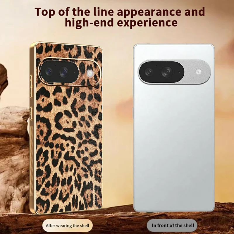 Funda para Google Pixel 9 con Estampado de Leopardo, Cuero PU Revestido, TPU + PC Carcasa Electrodepositada