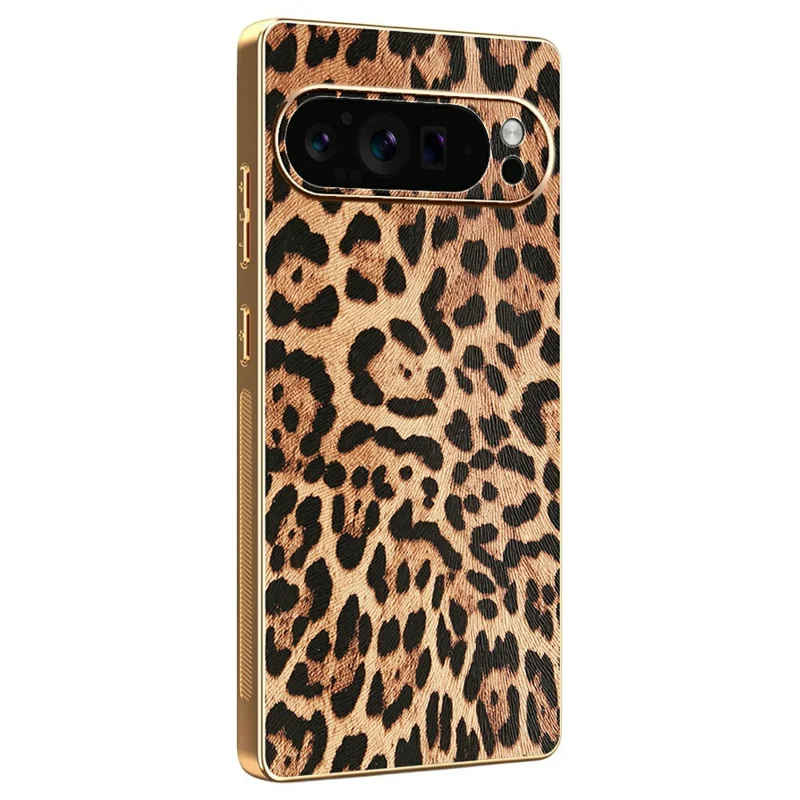 For Google Pixel 9 Pro Case Leopard Print PU Leather Coated PC + TPU Electroplating Phone Cover
