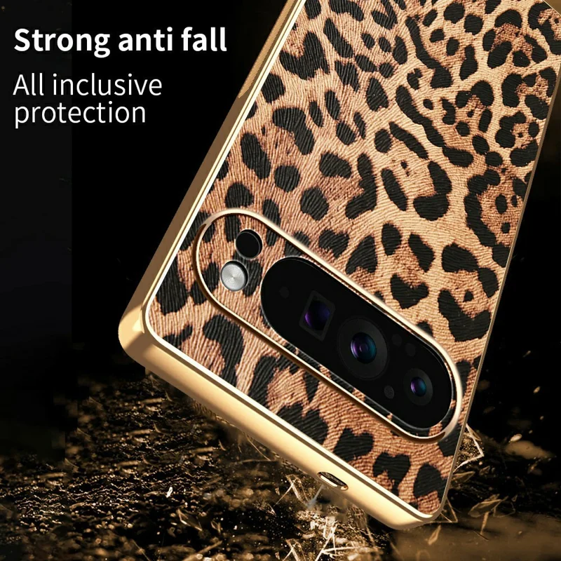 For Google Pixel 9 Pro Case Leopard Print PU Leather Coated PC + TPU Electroplating Phone Cover