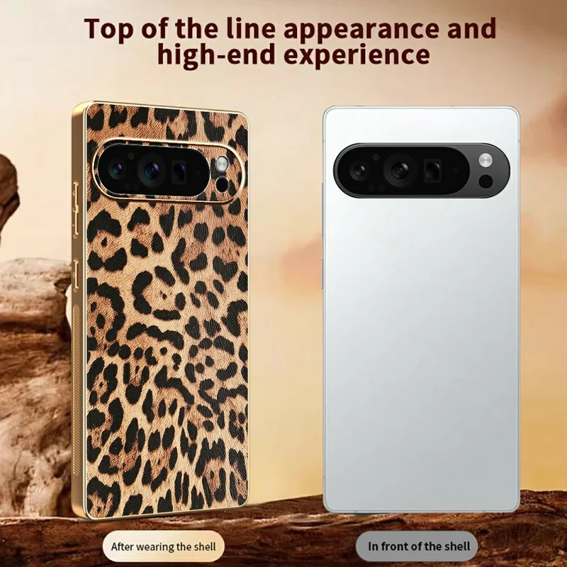 For Google Pixel 9 Pro Case Leopard Print PU Leather Coated PC + TPU Electroplating Phone Cover