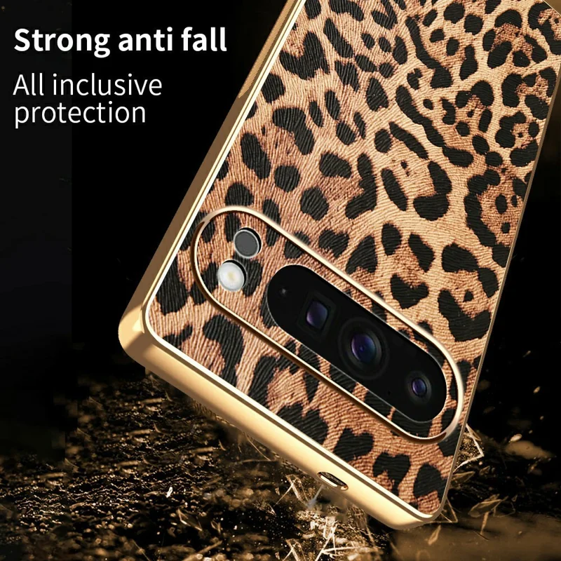 Funda para Google Pixel 9 Pro XL con Estampado de Leopardo, Cuero PU Revestido, TPU + PC, Carcasa Electrodepositada para Móvil