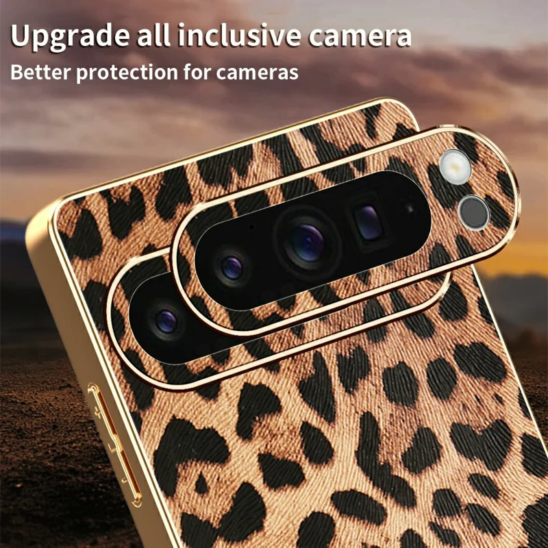 Funda para Google Pixel 9 Pro XL con Estampado de Leopardo, Cuero PU Revestido, TPU + PC, Carcasa Electrodepositada para Móvil