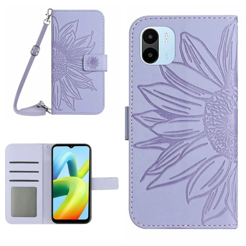 HT04 Imprinted Sunflower Phone Case For Xiaomi Redmi A1 4G / A2 4G , Wallet Stand Skin-friendly Cell Phone Cover with Shoulder Strap - Light Purple