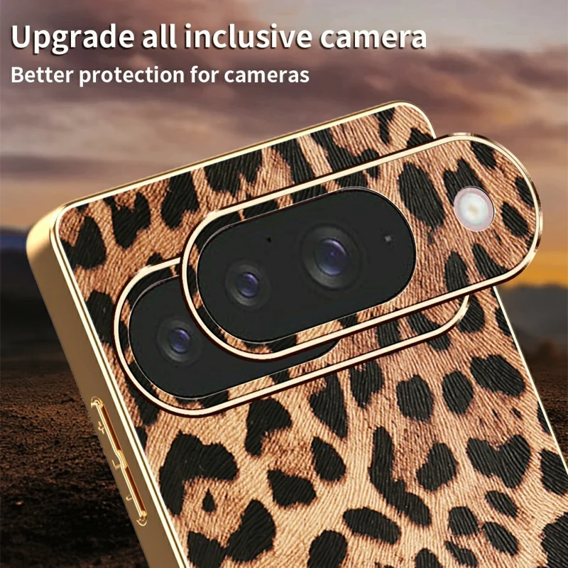 For Google Pixel 10 Case Leopard Print PU Leather Coated PC + TPU Electroplating Phone Cover