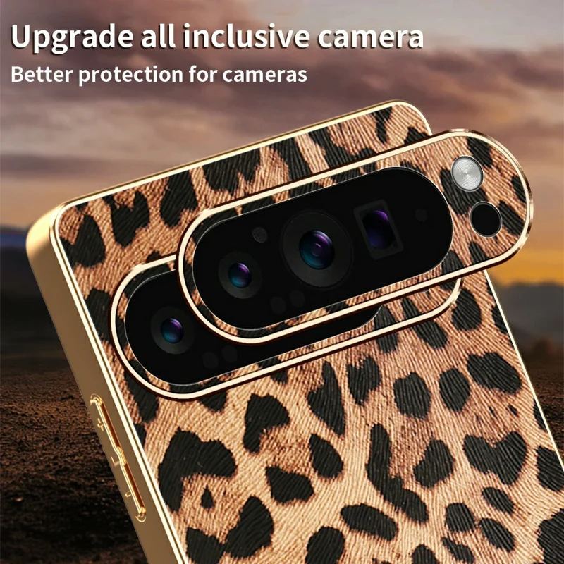 For Google Pixel 10 Pro Case Leopard Print PU Leather Coated PC + TPU Electroplating Phone Cover