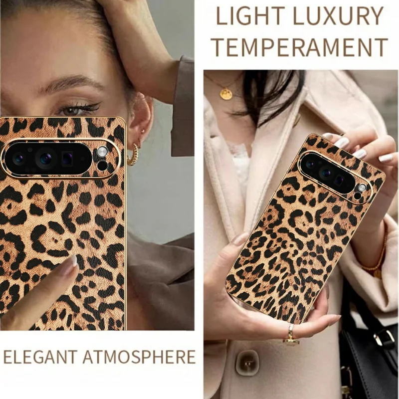 For Google Pixel 10 Pro Case Leopard Print PU Leather Coated PC + TPU Electroplating Phone Cover