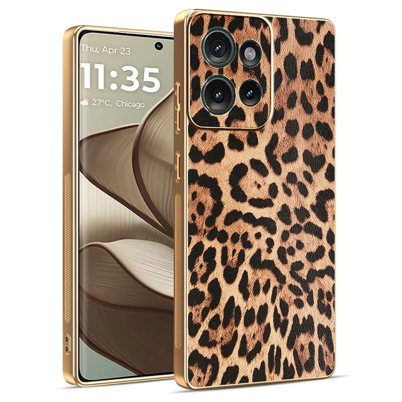 Cover per Motorola Edge 50 5G con Stampa Leopardata, Custodia in Pelle PU Rivestita con TPU + PC Elettroplaccato