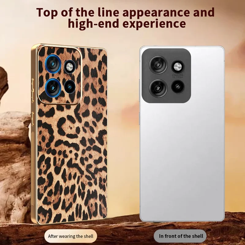 Funda de Teléfono para Motorola Edge 50 Neo 5G / Moto S50 5G / ThinkPhone 25 5G con Estampado de Leopardo, Cuero PU Revestido, TPU + PC con Acabado Electrolítico