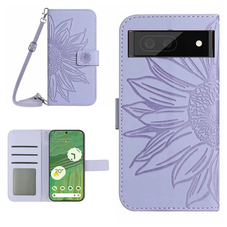 Estuche Telefónico Amigable Para la Piel HT04 Para Google Pixel 7 5G, Soporte de Billetera Imprimida Gunfower Shock Phelip Cover Con Correa Para el Hombro - Púrpura Ligera