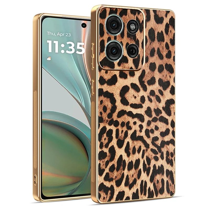 For Motorola Moto G75 5G Case Leopard Print PU Leather Coated PC + TPU Electroplating Phone Cover