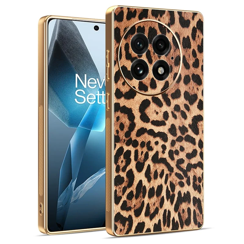 Étui pour OnePlus 13 Impression léopard Revêtement en cuir PU + Boîtier de téléphone en TPU et PC Électroplaquage