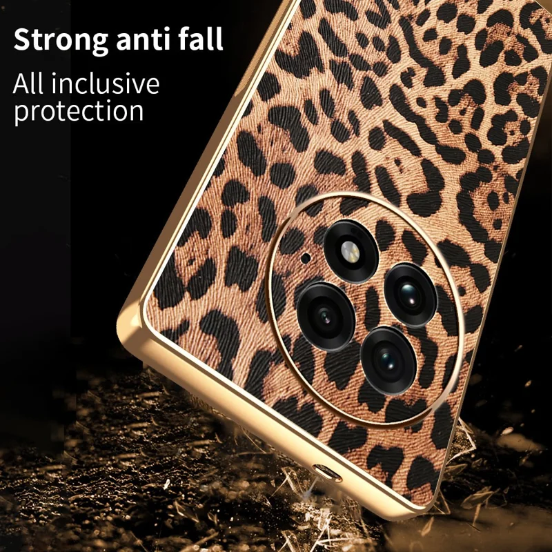 Étui pour OnePlus 13 Impression léopard Revêtement en cuir PU + Boîtier de téléphone en TPU et PC Électroplaquage