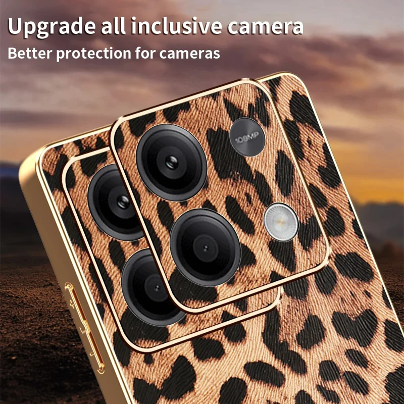 Für Xiaomi Redmi Note 13 5G Hülle Leopardenmuster PU-Leder beschichtetes PC + TPU Elektrolytisch beschichtete Handyhülle