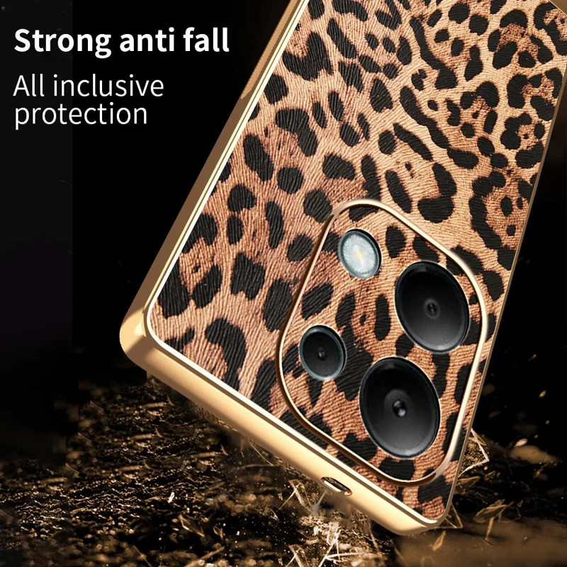Cover per Xiaomi Redmi Note 13 Pro 4G / Note 14S 4G / Poco M6 Pro 4G con Stampa Leopardata - Custodia in Pelle PU Rivestita con PC + TPU e Finitura Elettroplaccata