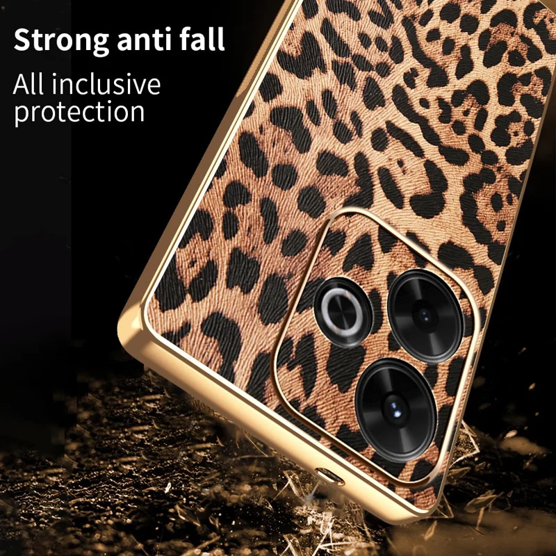 Hülle für Xiaomi Redmi 13 4G / 5G / Note 13R 5G / Poco M6 4G / M6 Plus 5G Leopardenmuster PU-Leder beschichtet PC + TPU Galvanisierung Abdeckung