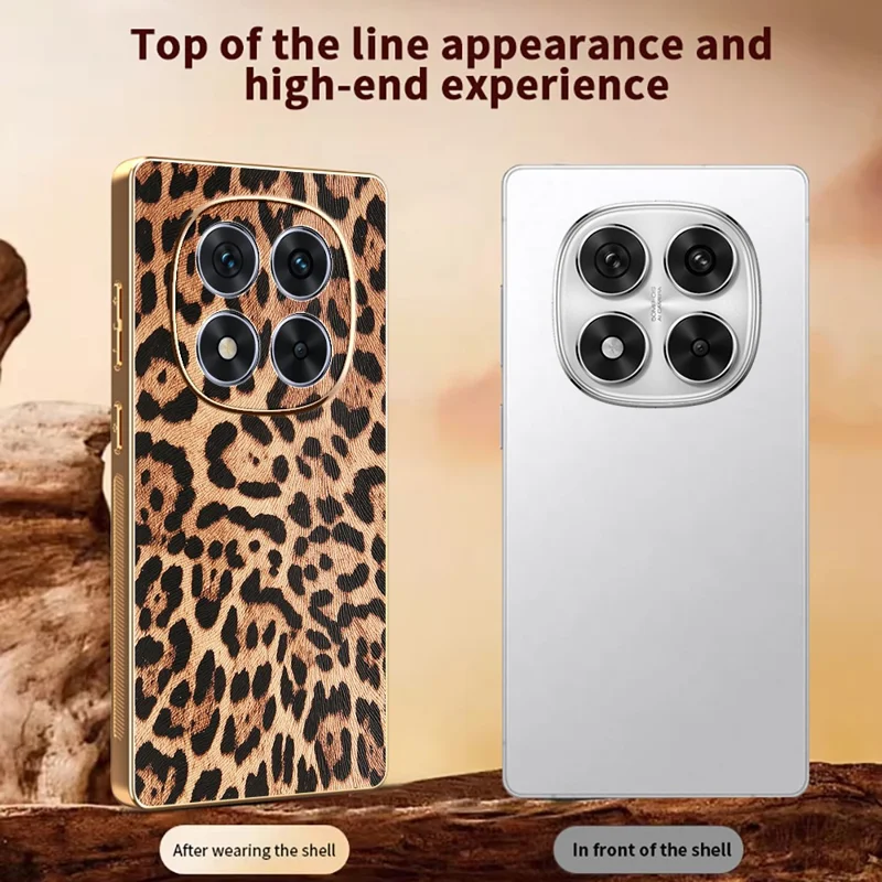 Cover per Xiaomi Redmi Note 14 Pro 5G / Poco X7 5G con Stampa Leopardata, Rivestimento in Pelle PU e Cover Elettroplaccata PC + TPU