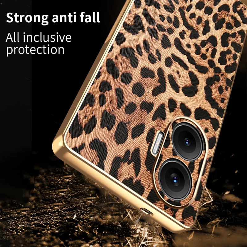 Für Xiaomi Redmi Turbo 4 Pro 5G / Poco F7 5G Hülle Leoparden-Muster PU-Leder überzogenes PC + TPU Elektrolytisch beschichtete Handyhülle